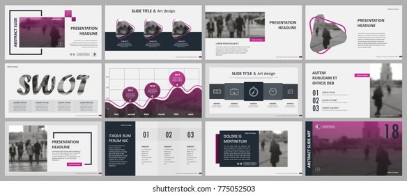 Abstract white, pink presentation slides. Modern brochure cover design. Fancy info banner frame. Creative infographic element set. Urban city font. Vector title sheet model. Ad flyer style template