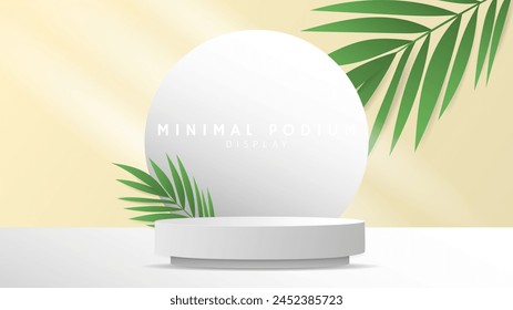 Abstract white podium with palm leaf with sunlight ,Minimal podium and crimson background, 3d podium for presentation, Stage for showcase,  illustration 3d Vector EPS 10