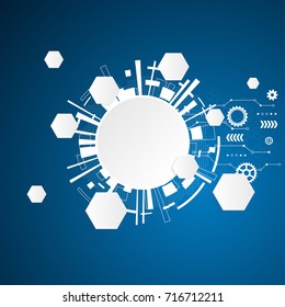 Abstract white polygon, circle and gear in dark blue background with technology concept.