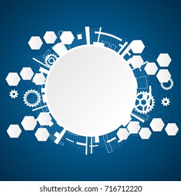 Abstract white polygon, circle and gear in dark blue background with technology concept.