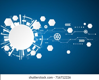 Abstract white polygon, circle and gear in dark blue background with technology concept.