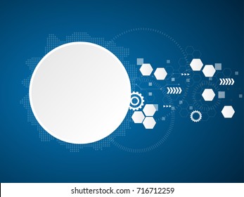 Abstract white polygon, circle and gear in dark blue background with technology concept.
