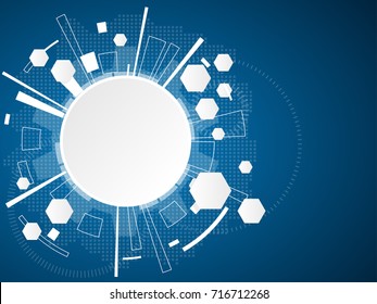 Abstract white polygon, circle and gear in dark blue background with technology concept.