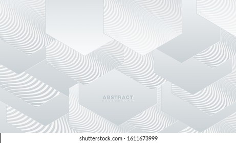 Abstract White Polygonal 3D Background. with hexagons textured with wavy patterns. Layered paper decoration. 3d vector background.