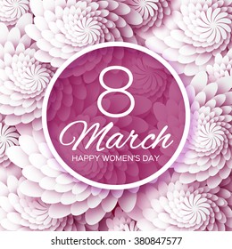 Abstract White Purple Floral Greeting card - International Happy Women's Day - 8 March holiday background with paper cut Frame Flowers. Happy Mother's Day. Trendy Design Template. Vector illustration.