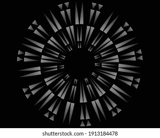 Abstract white radial speed dotted lines in circle form. Explosion shape. Black background. Fireworks. Sunburst. Design element for logo, sign, symbol, prints, web. Design template