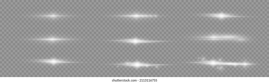 Abstract white rays with sparks effect. Optical lens flare light effects. Glowing line on a transparent background. Laser beams, horizontal beams of light, bright flash. Vector illustration. 