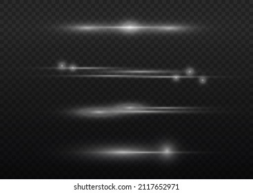 Abstract white rays with sparks effect. Optical lens flare light effects. Glowing line on a transparent background. Laser beams, horizontal beams of light, bright flash. Vector illustration. 