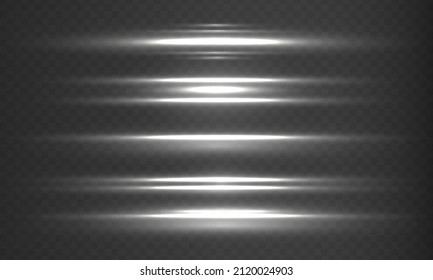 Abstract white rays with sparks effect. Glowing line on a transparent background. Optical lens flare light effects. Laser beams, horizontal beams of light, bright flash. Vector illustration. 