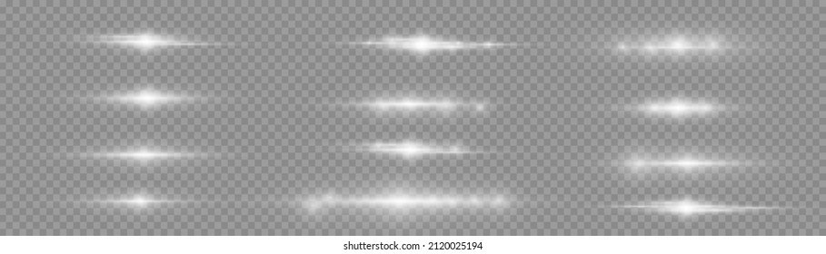 Abstract white rays with sparks effect. Glowing line on a transparent background. Optical lens flare light effects. Laser beams, horizontal beams of light, bright flash. Vector illustration. 