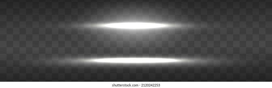 Abstract white rays with sparks effect. Glowing line on a transparent background. Optical lens flare light effects. Laser beams, horizontal beams of light, bright flash. Vector illustration. 