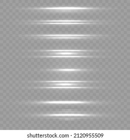 Abstract white rays with sparks effect. Glowing line on a transparent background. Optical lens flare light effects. Laser beams, horizontal beams of light, bright flash. Vector illustration. 