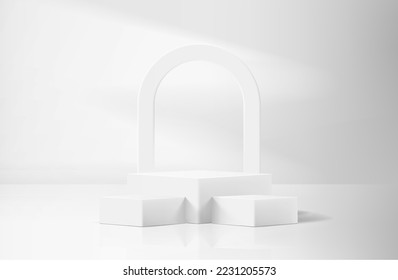 Abstract white realistic 3d corner cube pedestal podium with arch shape backdrop and shadow overlay. Abstract vector rendering geometric platform. Product display presentation. Minimal scene show case