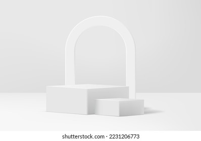 Abstract white realistic 3d corner cube pedestal podium with arch shape backdrop and shadow overlay. Abstract vector rendering geometric platform. Product display presentation. Minimal scene show case