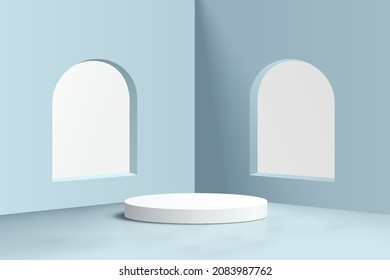 Abstract white realistic 3D cylinder pedestal podium in pastel blue room with arch window. Light blue minimal scene for product display presentation. Stage showcase. Vector platform rendering design.