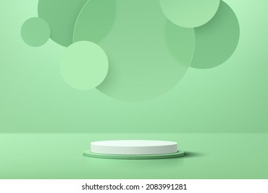 Abstract white realistic 3D cylinder pedestal podium with green glass circle overlap background. pastel minimal scene for product display presentation. Vector rendering geometric platform design.