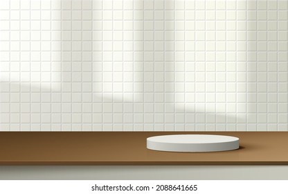 Abstract white realistic 3D cylinder pedestal podium on wood table with white square tile scene and shadow of window. Minimal scene for product display presentation. Vector rendering platform design.