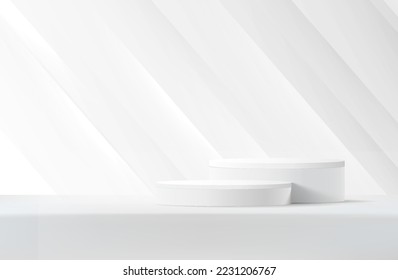 Abstract white realistic 3d cylinder pedestal podium with blue backdrop and shadow overlay. Abstract vector rendering geometric platform. Product display presentation. Minimal scene.