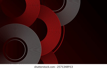 Abstract white and red circle line vector on dark background. Modern overlapping circle line texture creative design. Suitable for posters, covers, banners, flyers, brochures, presentations