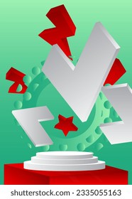 Abstract white, red and turquoise stage showcase. Vector mockup product display for presentation. Minimal geometric 3D cylinder pedestal podium.