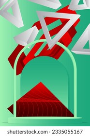 Abstract white, red and turquoise stage showcase. Vector mockup product display for presentation. Minimal geometric 3D cylinder pedestal podium.