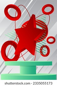 Abstraktes weißes, rotes und türkisfarbenes Bühnenbild. Vektorgrafik-Produktdarstellung zur Präsentation. Minimales geometrisches 3D-Zylinder-Podium.