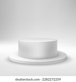 Abstract white room with realistic white and gray cylindrical podium. Minimal scene for product demonstration