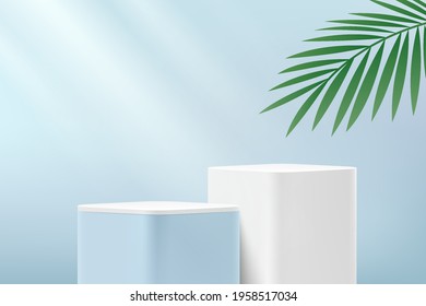 Abstract white round corner cube platform podium. Window lighting . Green palm leaf. Light blue minimal wall scene. Vector rendering 3d shape for Product display presentation. Pedestal summer concept.