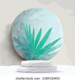 Abstract white round corner pedestal podium, Light blue empty room with green palm leaf, blue and white sphere. Vector rendering 3d shape, Product display presentation.marble sea ocean color