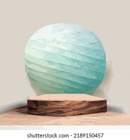 Abstract white round corner pedestal podium, Light blue empty room with green palm leaf, blue and white sphere. Vector rendering 3d shape, Product display presentation.marble sea ocean color