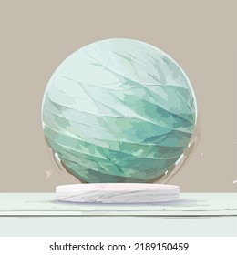 Abstraktes weißes rundes Podest, hellblauer leerer Raum mit grünem Palmenblatt, blau-weißer Kugel. Vektorgrafik 3D-Form, Produktpräsentation.Marmormeerfarbe