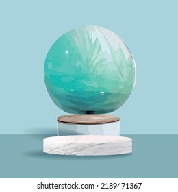 Abstract white round corner pedestal podium, Light blue empty room with green palm leaf, blue and white sphere. Vector with wood texture marble