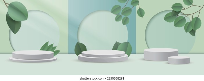 Abstract white round corner pedestal podium, green empty room with green leaf. Product display presentation. 