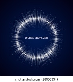 Abstract white round music equalizer with dots on dark blue background. Vector illustration