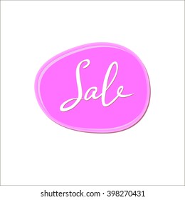 Abstract white sale sign over pink bubble gum blot on white background. Color paint drop. Nail polish splash. Cartoon vector illustration. Abstract water shape for banner, sticker, badge