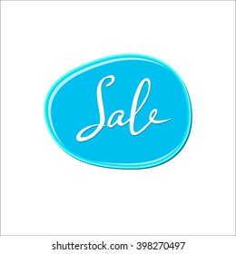 Abstract white sale sign over blue bubble gum blot on white background. Color paint drop. Nail polish splash. Cartoon vector illustration. Abstract water shape for banner, sticker, badge