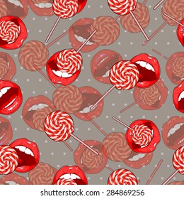 Abstract white seamless background of candy and lips. Part of the body, different lips, lick a Lollipop.