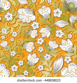 abstract white seamless floral ornament on yellow background