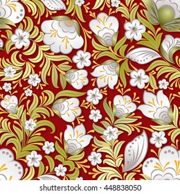 abstract white seamless floral ornament on red background
