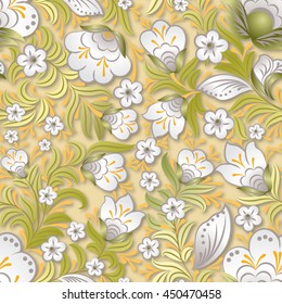 abstract white seamless floral ornament on beige background