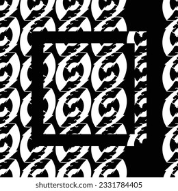 abstract white seed design seamless pattern with a decorated square on black background; can be used for printing