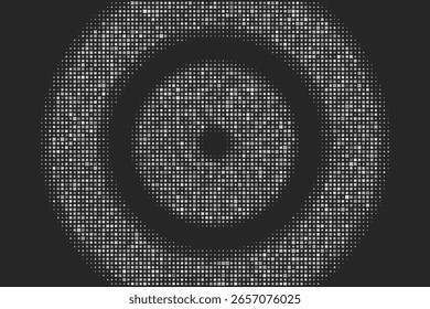 Elementos semitransparentes concéntricos blancos Abstractas, hipnóticos de la línea cuadrada del círculo aislados en un fondo negro. Patrón de polígono de anillo de semitono. Ilustración vectorial geométrica céntrica