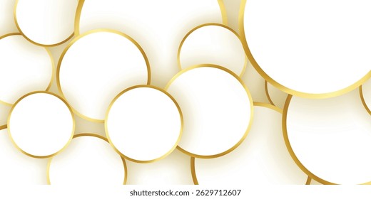 Abstract white shapes outlined with gold on a clean geometric background. Minimalist geometric background with white forms and elegant golden borders.