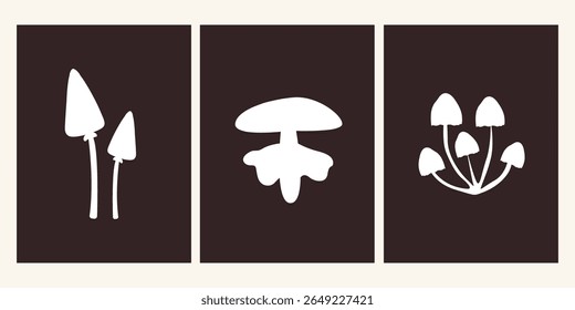 Abstract white silhouette of forest autumn mushrooms. Wild plant posters collection in retro doodle style. Boho aesthetic art decor for wallpaper, walls and postcards