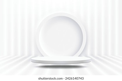 Abstract white and silver cylinder pedestal and round podium floating on air. Neomorphism design style with vertical glowing neon lighting. Empty stage 3d shape stage for product presentation. Vector.
