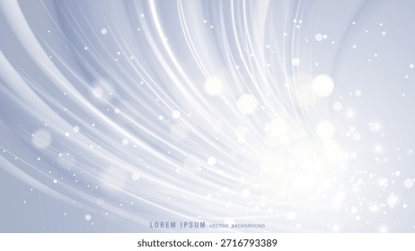 Abstract white and silver flowing lines background. Vector soft bokeh lights and sparkles. Elegant curved waves for weddings, winter, or luxury clean design