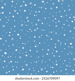 Abstrakte weiße Schneeflocken auf blauem Hintergrund. Kalte Schneewittchen Winter Feiertag Kulisse. Einfache natürliche Schneefall Textur. Vektorgrafik. Gepunktetes Muster für Paket Tapete Banner Poster Karte Design