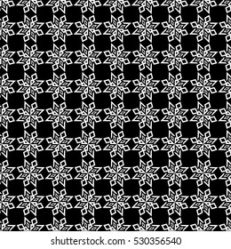 Abstract white snowflakes seamless pattern on black. Winter festive background. Vector vintage illustration.