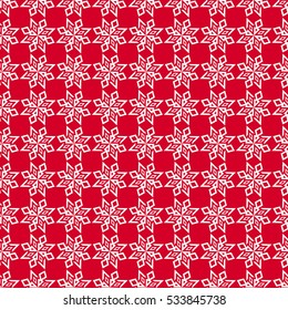 Abstract white snowflakes seamless pattern on red. Winter festive background. Vector vintage illustration.