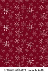 Abstract White Snowflakes Vector Pattern. Snowflakes Flowers Like. Made of Dots. Christmas Holidays Simple Vector Seamless Pattern with White Snowflakes on a Dark Red Background. Xmas Endless Print.